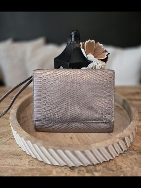 Neiman Marcus Metallic Silver Textured Wristlet Clutch- Classic Chic